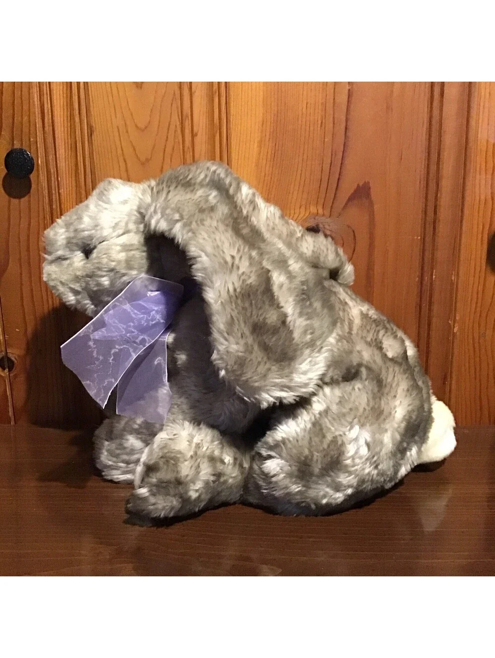 Vintage Caltoy Gray White Easter Bunny Plush Fluffy Frosted Ribbon 15